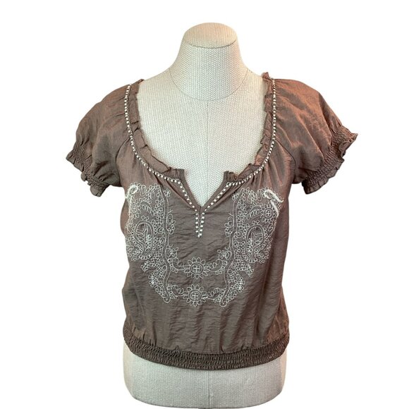 Mine Embroidered Boho Womens Small Top Brown Cotton Rayon Blend - Picture 2 of 10